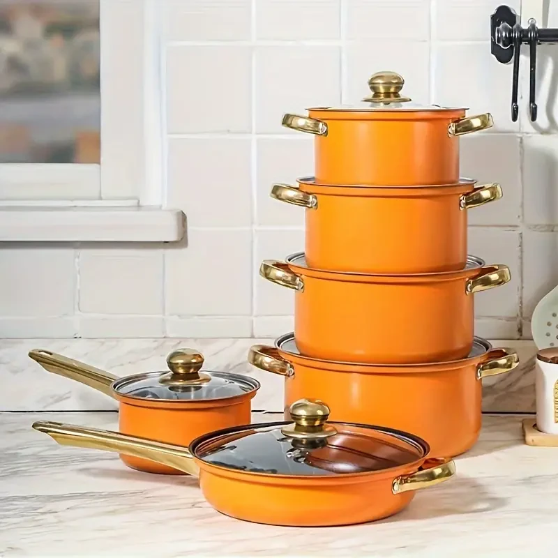 SENBOWE - Juego de utensilios de cocina de acero inoxidable de 12 piezas - Antiadherente, incluye sartén y tapas, perfecto para sopas y leche, utensilios de cocina multifuncionales, color naranja