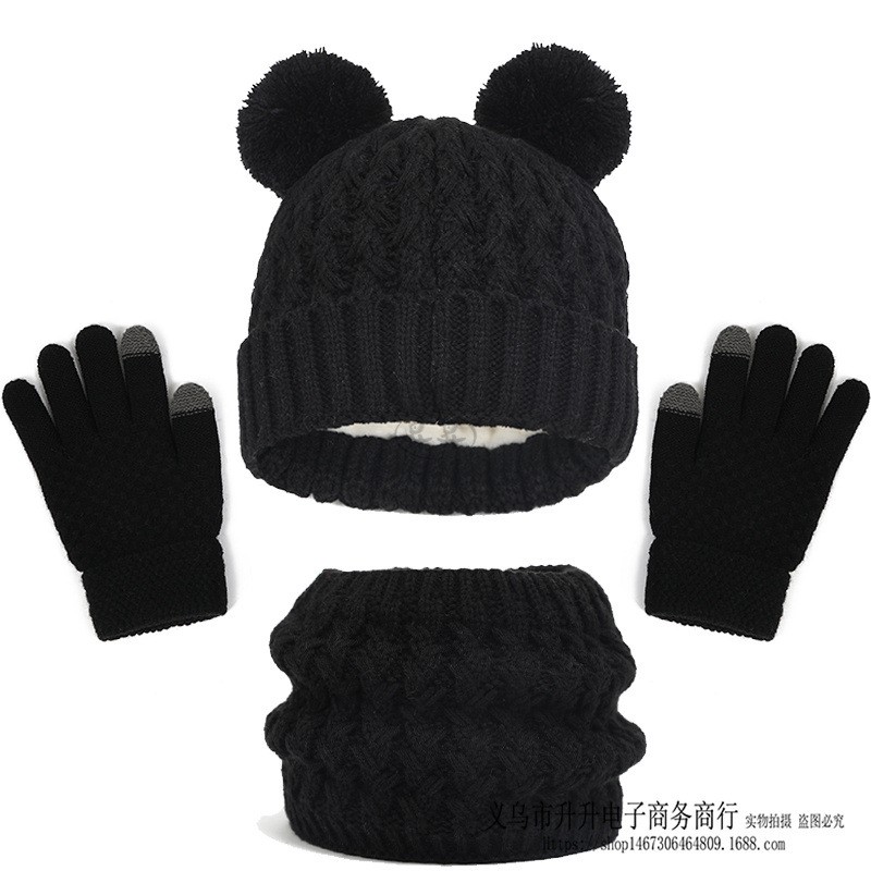 Conjunto de tres piezas de gorro, bufanda y guantes con doble bola gruesa y forro polar para niños, otoño e invierno