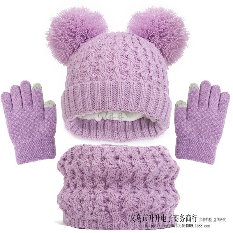 Conjunto de tres piezas de gorro, bufanda y guantes con doble bola gruesa y forro polar para niños, otoño e invierno