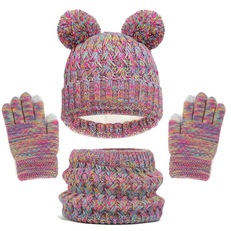 Conjunto de tres piezas de gorro, bufanda y guantes con doble bola gruesa y forro polar para niños, otoño e invierno