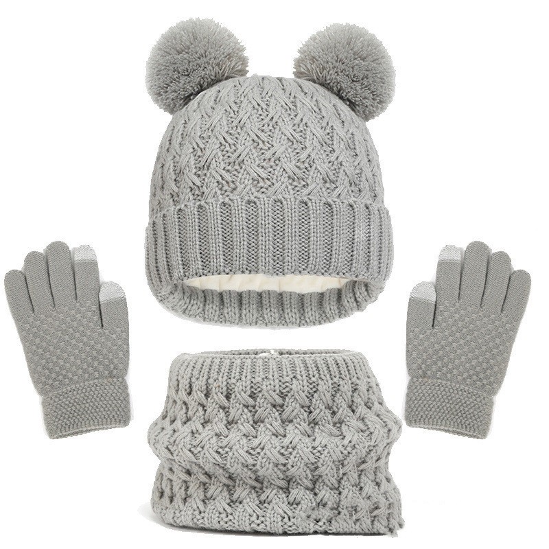 Conjunto de tres piezas de gorro, bufanda y guantes con doble bola gruesa y forro polar para niños, otoño e invierno