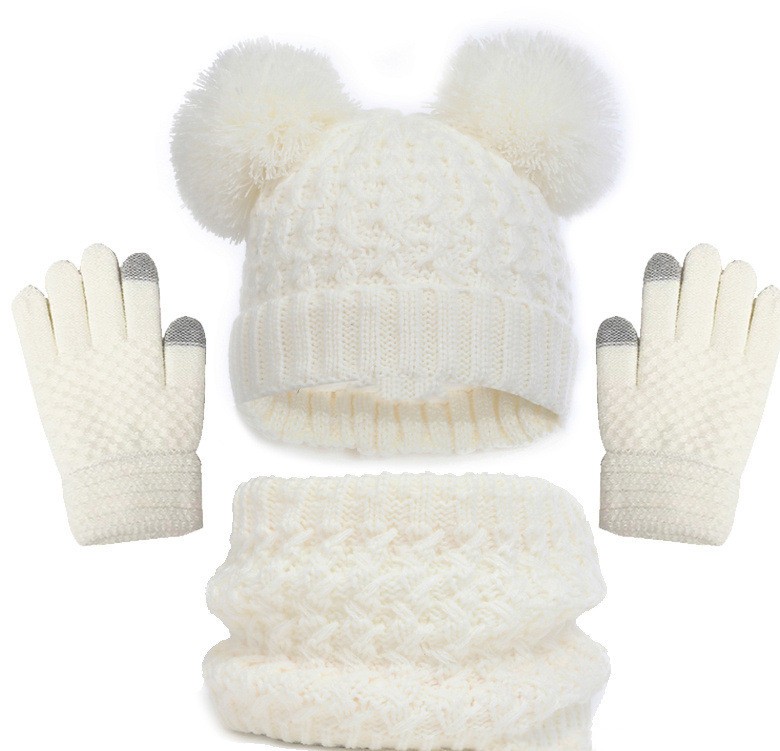 Conjunto de tres piezas de gorro, bufanda y guantes con doble bola gruesa y forro polar para niños, otoño e invierno