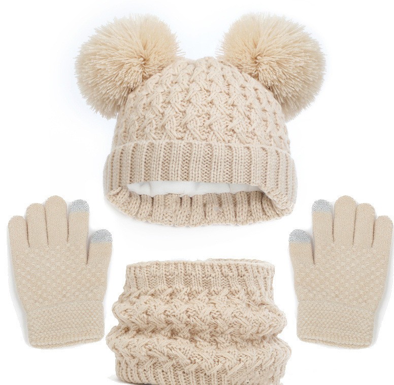 Conjunto de tres piezas de gorro, bufanda y guantes con doble bola gruesa y forro polar para niños, otoño e invierno
