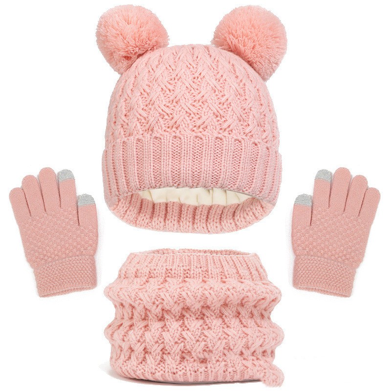 Conjunto de tres piezas de gorro, bufanda y guantes con doble bola gruesa y forro polar para niños, otoño e invierno