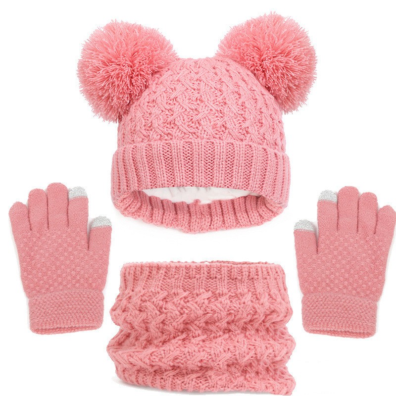 Conjunto de tres piezas de gorro, bufanda y guantes con doble bola gruesa y forro polar para niños, otoño e invierno
