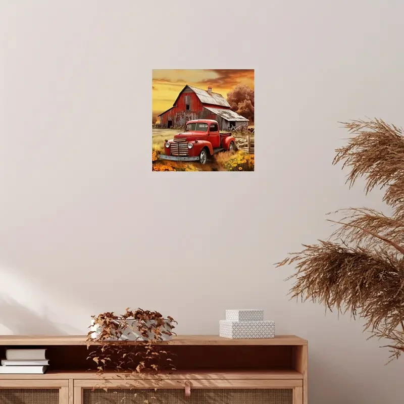 Impresión artística en lienzo de camión rojo rústico (30,48 x 30,48 cm)