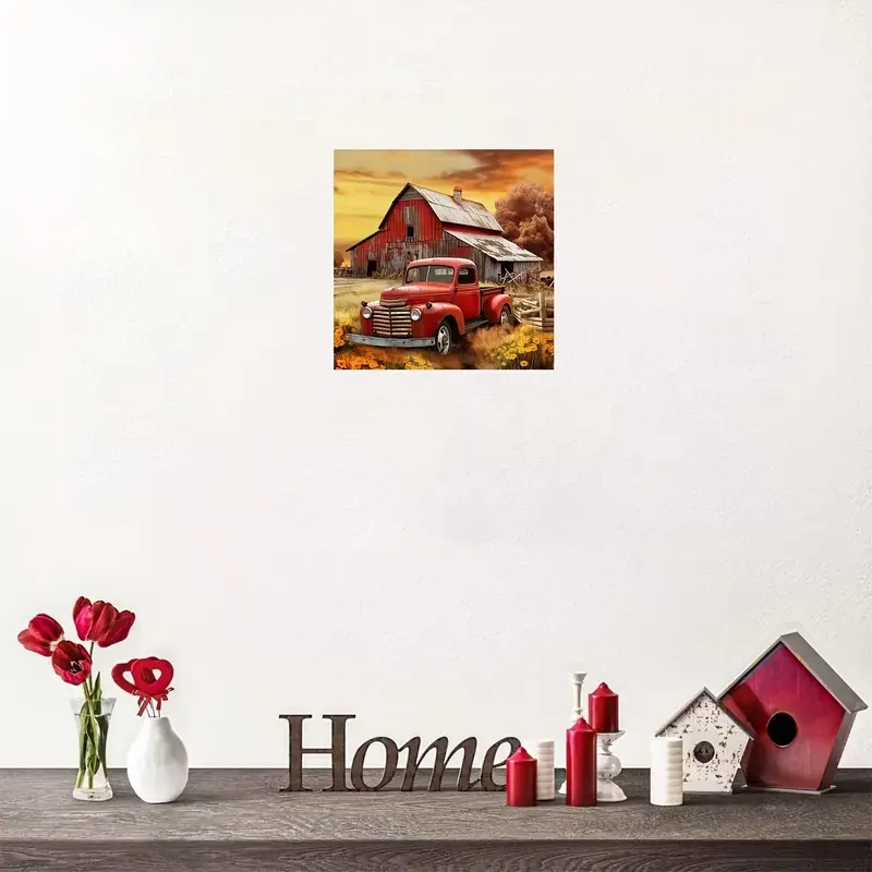 Impresión artística en lienzo de camión rojo rústico (30,48 x 30,48 cm)