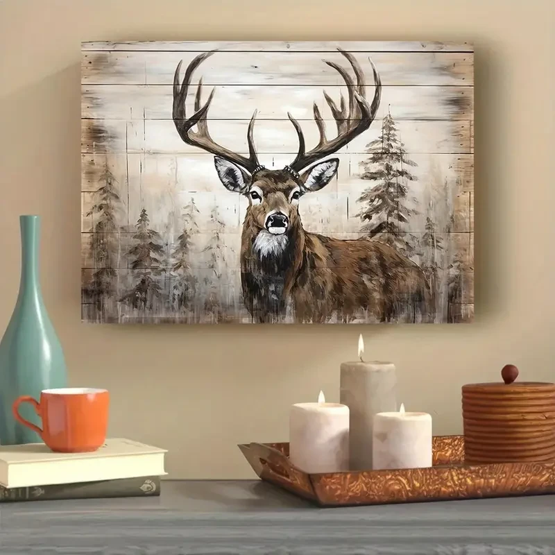 Arte de pared en lienzo con ciervos rústicos y naturaleza salvaje