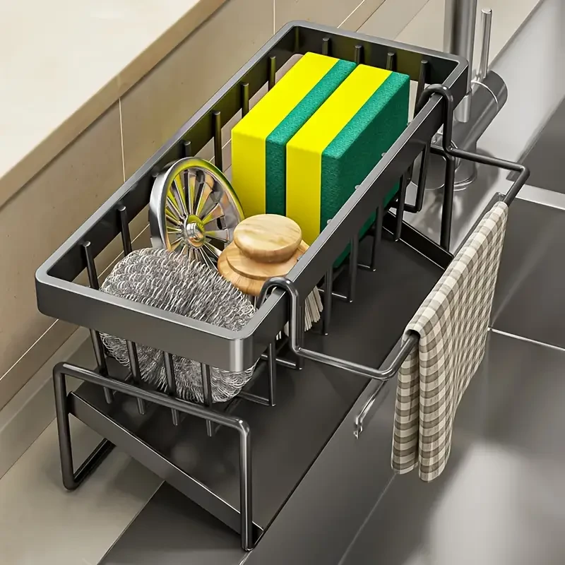 Organizador de fregadero de cocina de acero inoxidable con soporte para paños de cocina