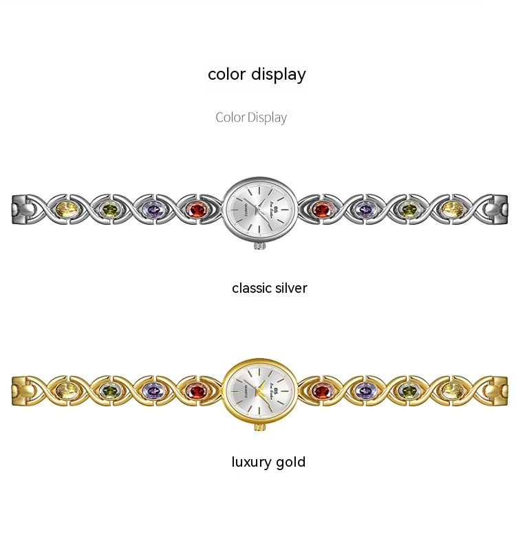 Reloj de lujo de estilo antiguo con gemas ovaladas de colores y luz arcoíris