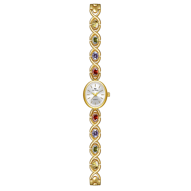 Reloj de lujo de estilo antiguo con gemas ovaladas de colores y luz arcoíris