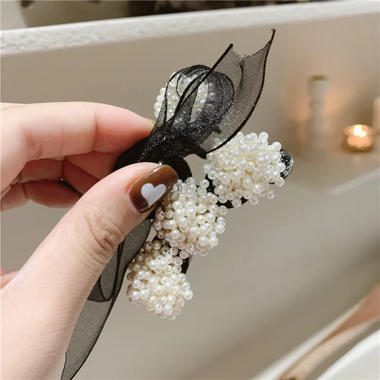 Pinza para el pelo coreana con lazo de perla otoñal