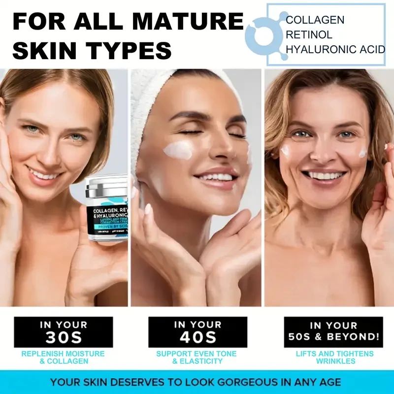 Crema facial hidratante y reafirmante - 50 g (1,76 oz) con colágeno, retinol y ácido hialurónico - Hidratación profunda para todo tipo de piel, sin alcohol