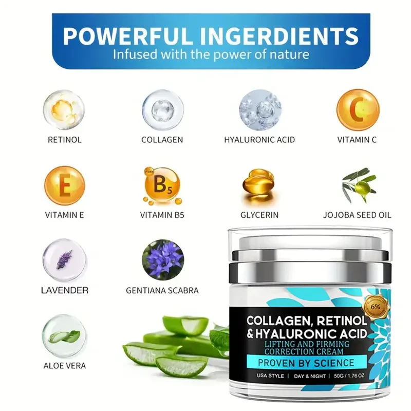 Crema facial hidratante y reafirmante - 50 g (1,76 oz) con colágeno, retinol y ácido hialurónico - Hidratación profunda para todo tipo de piel, sin alcohol