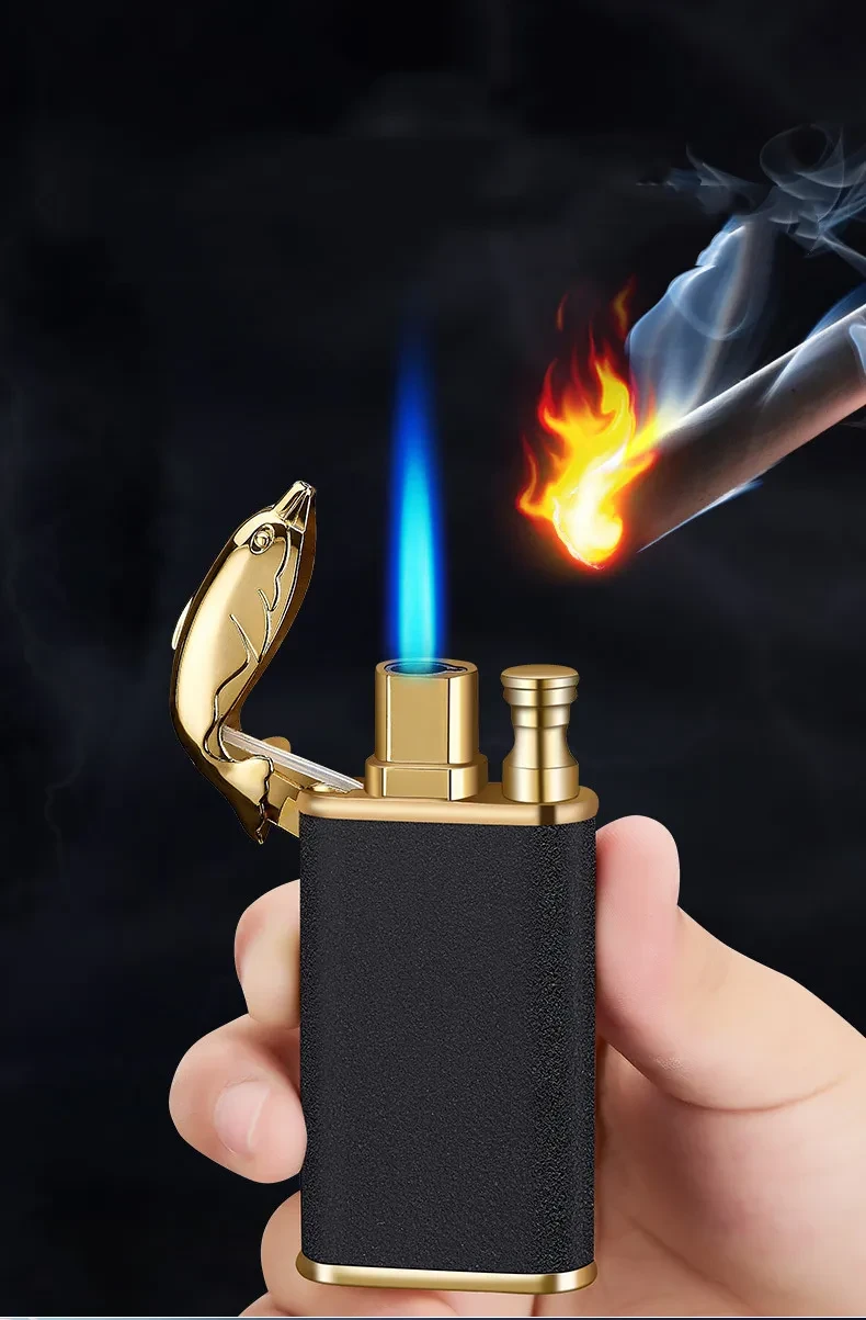 Encendedor creativo de llama azul con forma de delfín, dragón y tigre, de metal de doble fuego, a prueba de viento, inflable.
