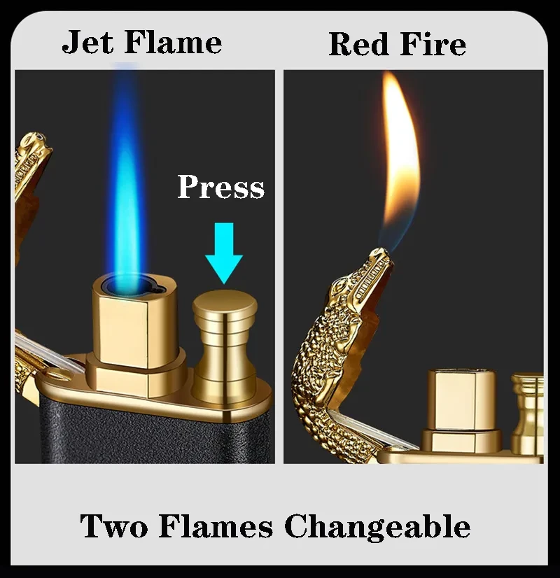 Encendedor creativo de llama azul con forma de delfín, dragón y tigre, de metal de doble fuego, a prueba de viento, inflable.