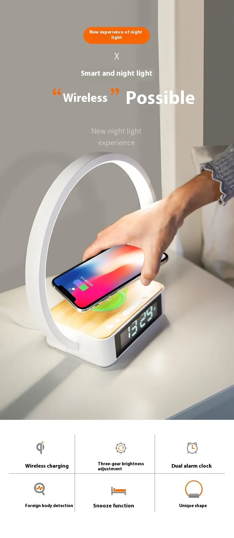 Cargador inalámbrico tres en uno de 10 W para teléfono móvil de noche, lámpara de noche pequeña