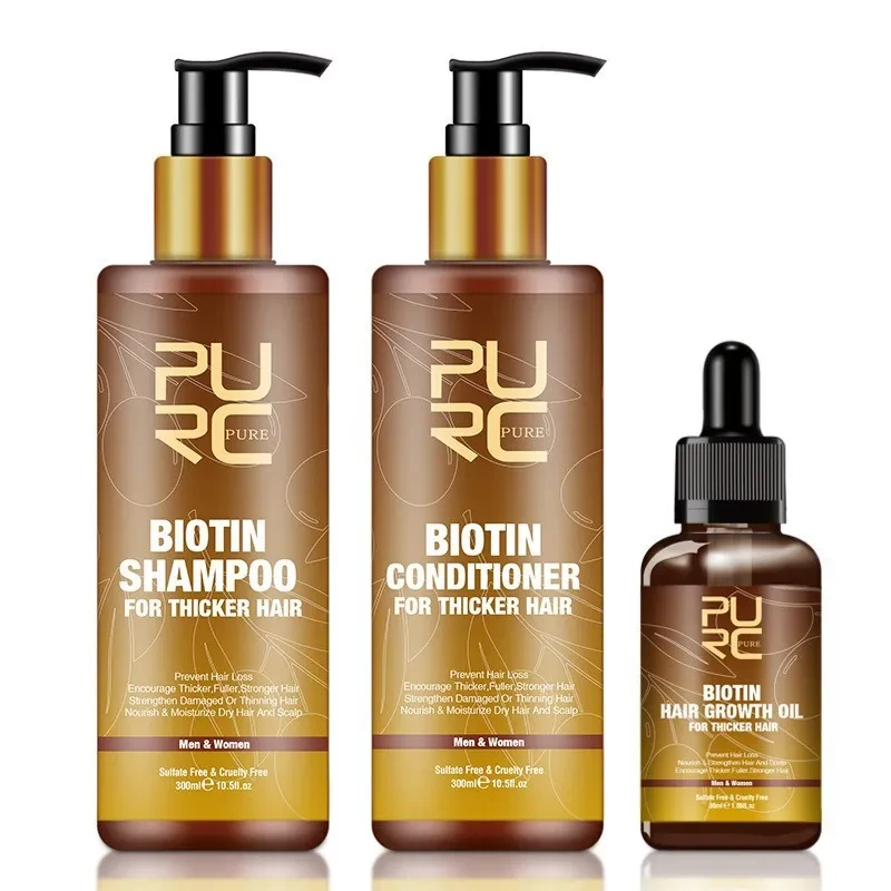 Champú y acondicionador de tres piezas con biotina y jengibre para el cabello PURC