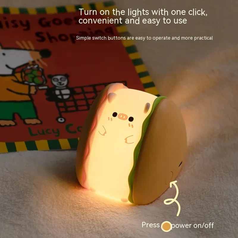 Lámpara de noche pequeña con forma de hamburguesa y cerdo, recargable por USB para dormitorio