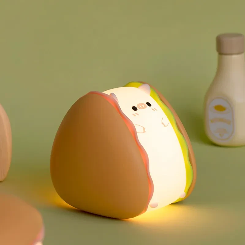 Lámpara de noche pequeña con forma de hamburguesa y cerdo, recargable por USB para dormitorio