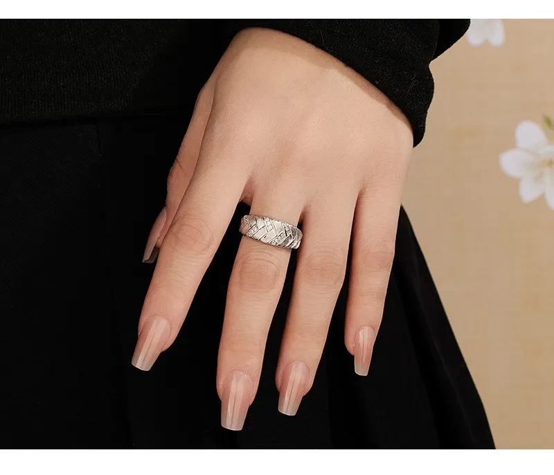 Anillo tejido cepillado de lujo ligero de alta calidad para mujer, plata de ley 925 ajustable