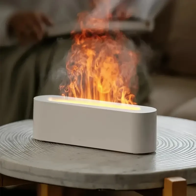 Humidificador con efecto de llama simulada y luz ambiental colorida, tanque de 150 ml, alimentación por USB, efecto de fuego 3D.