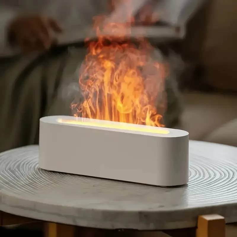 Humidificador con efecto de llama simulada y luz ambiental colorida, tanque de 150 ml, alimentación por USB, efecto de fuego 3D.