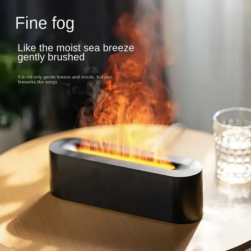 Humidificador con efecto de llama simulada y luz ambiental colorida, tanque de 150 ml, alimentación por USB, efecto de fuego 3D.