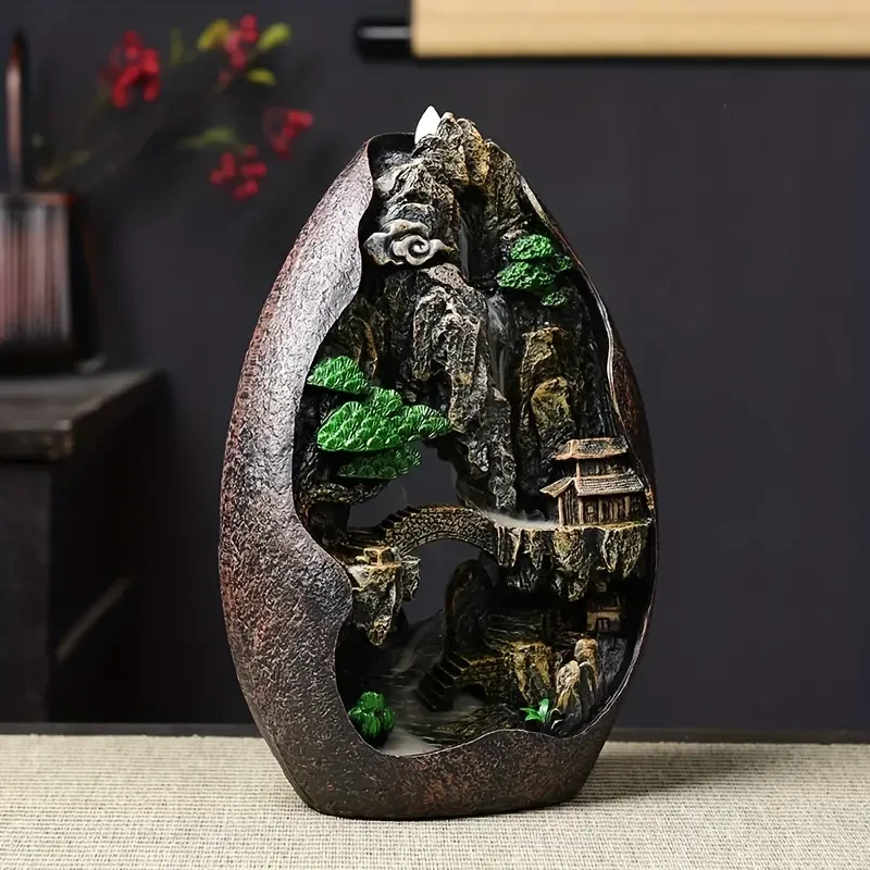 Quemador de incienso Fengshui con cascada de reflujo, rocalla de montaña, casa de té, incensario de cerámica, inserto de incienso decorativo para el hogar y la oficina.