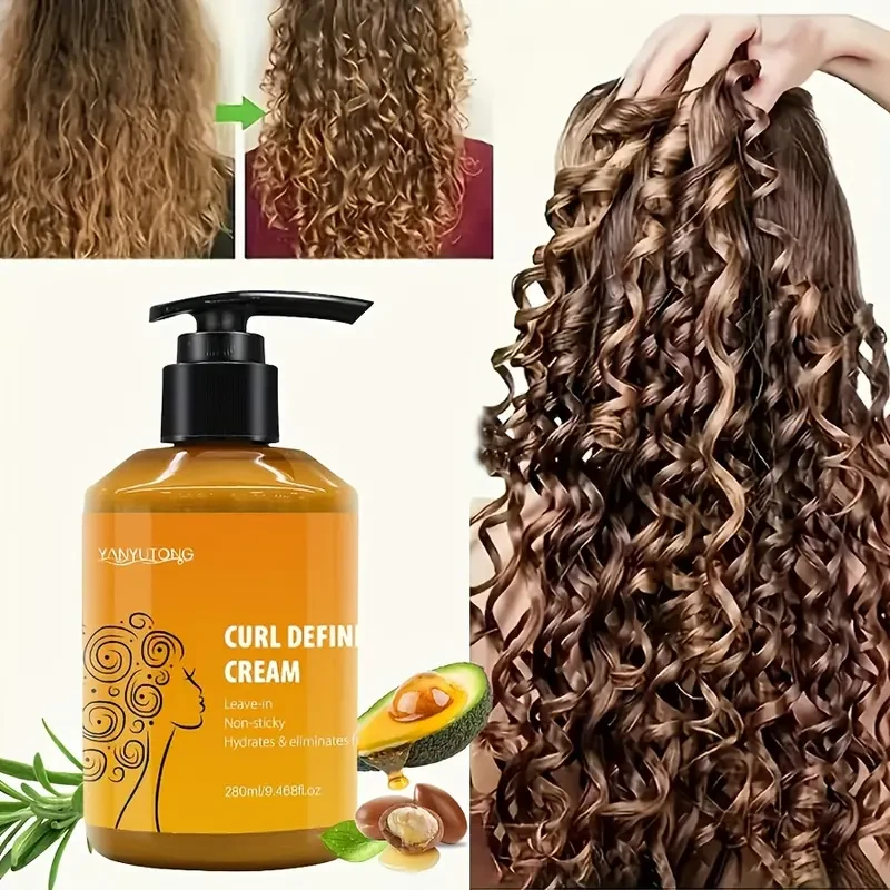 Crema voluminizadora y definidora de rizos con aceite de argán marroquí - 280 ml - Crema de peinado profundamente hidratante para ondas y rizos - Aceite de argán, aceite de ricino, aceite esencial de romero