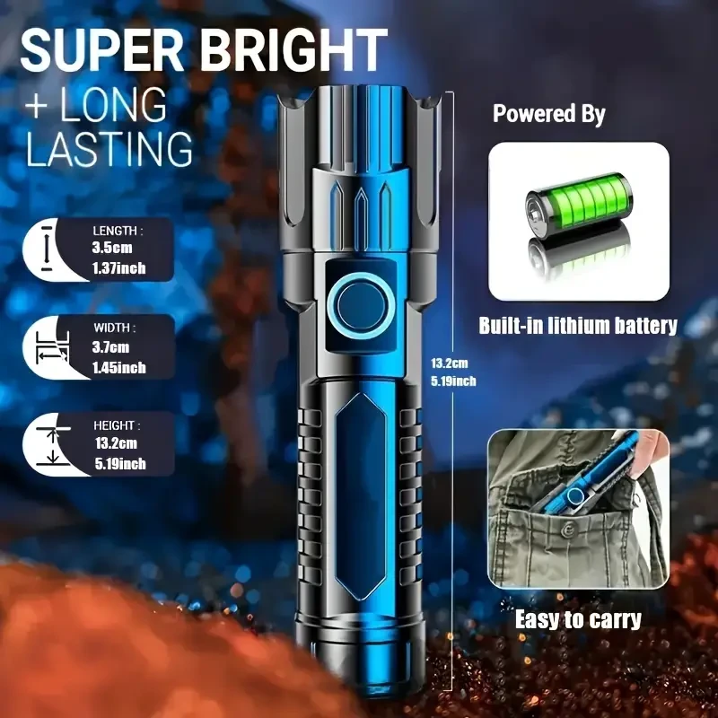 2 linternas LED recargables, potentes, ABS, con zoom, 3 modos de luz, ideales para exteriores, camping, senderismo y emergencias.
