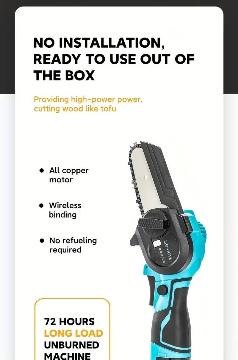 Motosierra eléctrica de mano compacta JSD-HOPE - Batería de litio recargable, 220-240 V, inalámbrica para cortar madera y podar árboles, incluye cuchilla de cadena, ideal para exteriores