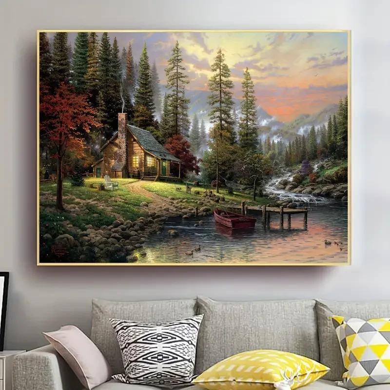Póster en lienzo sin marco con paisaje de casa de madera, lago y bosque rústico.