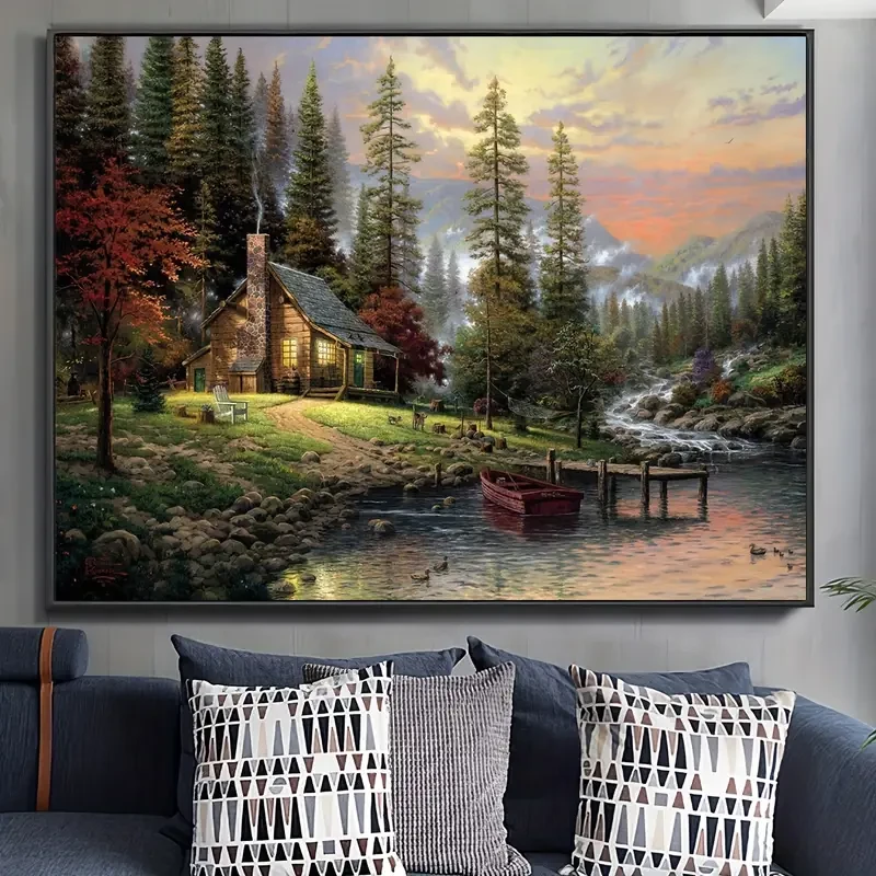 Póster en lienzo sin marco con paisaje de casa de madera, lago y bosque rústico.