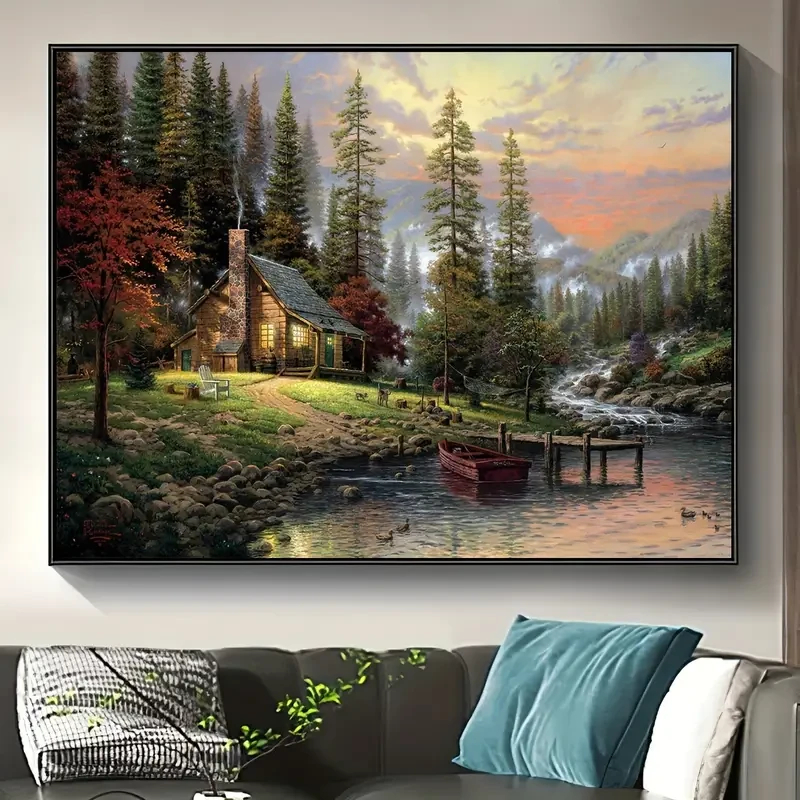 Póster en lienzo sin marco con paisaje de casa de madera, lago y bosque rústico.