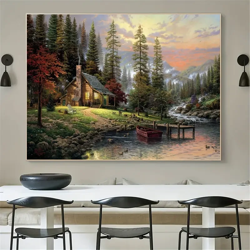 Póster en lienzo sin marco con paisaje de casa de madera, lago y bosque rústico.