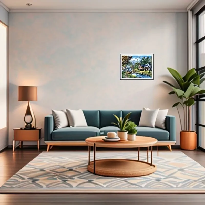 Póster en lienzo sin marco con paisaje de casa de madera, lago y bosque rústico.