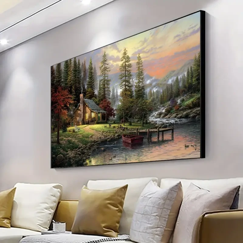 Póster en lienzo sin marco con paisaje de casa de madera, lago y bosque rústico.