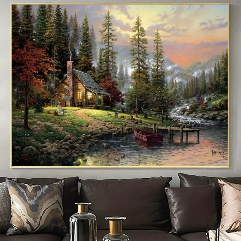 Póster en lienzo sin marco con paisaje de casa de madera, lago y bosque rústico.
