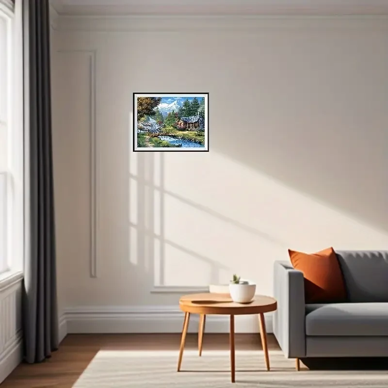 Póster en lienzo sin marco con paisaje de casa de madera, lago y bosque rústico.