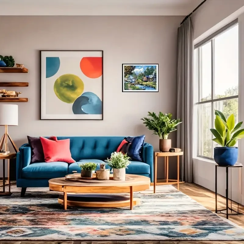 Póster en lienzo sin marco con paisaje de casa de madera, lago y bosque rústico.