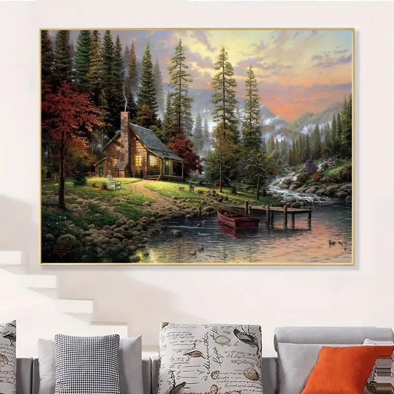 Póster en lienzo sin marco con paisaje de casa de madera, lago y bosque rústico.