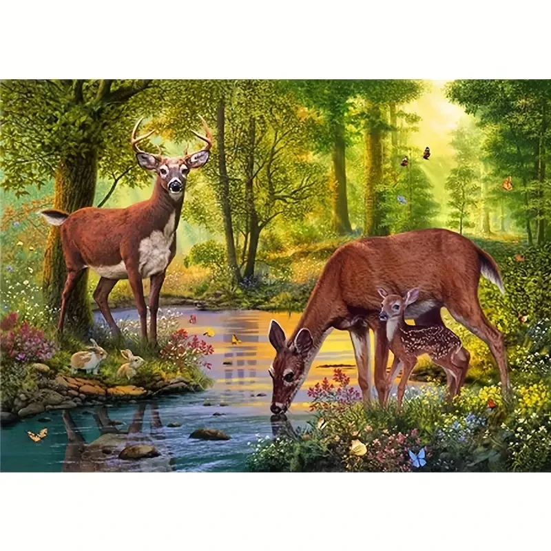 Kit de pintura de diamantes 5D DIY: Paisaje de ciervos y animales del bosque
