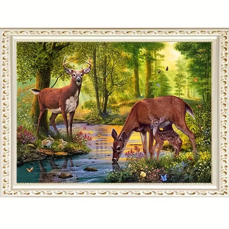 Kit de pintura de diamantes 5D DIY: Paisaje de ciervos y animales del bosque