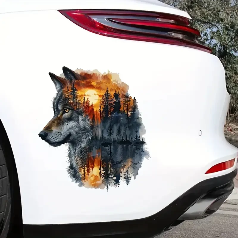Calcomanías de vinilo con escena de lobo y bosque con adornos de purpurina