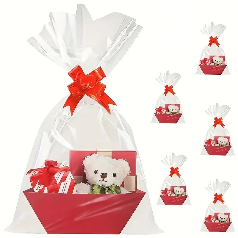 Juego de 6 cestas de regalo de papel Kraft de lujo con envoltorio de vidrio y lazo.