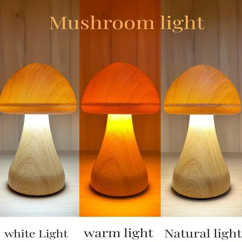 1 lámpara de escritorio LED con forma de hongo regulable y sensible al tacto: recargable por USB, luz nocturna de 3 colores con batería de litio.