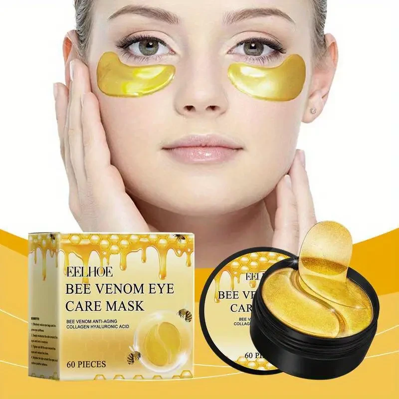 Mascarillas para ojos con ácido hialurónico y glicerina sin perfume (60 unidades) para mujer: parches hidratantes para todo tipo de piel con extractos de matricaria y veneno de abeja para reafirmar e hidratar la piel.