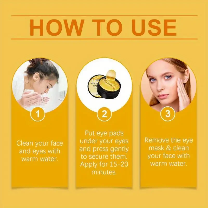 Mascarillas para ojos con ácido hialurónico y glicerina sin perfume (60 unidades) para mujer: parches hidratantes para todo tipo de piel con extractos de matricaria y veneno de abeja para reafirmar e hidratar la piel.