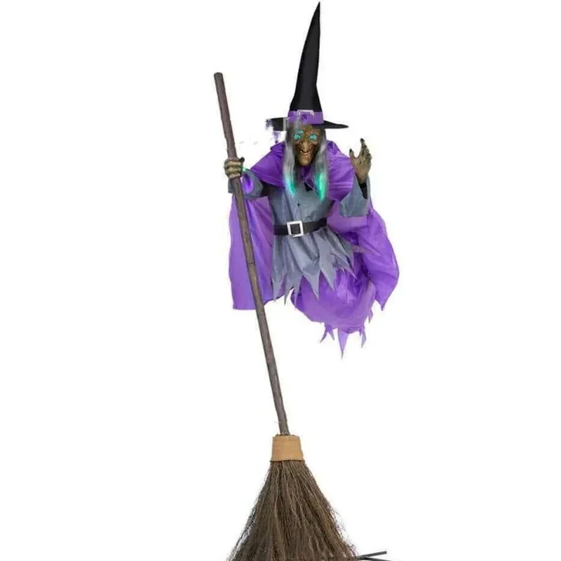 Decoración de bruja voladora de Halloween, fantasma de Halloween, animatrónicos aterradores para exteriores, accesorios de Halloween con sonido aterrador